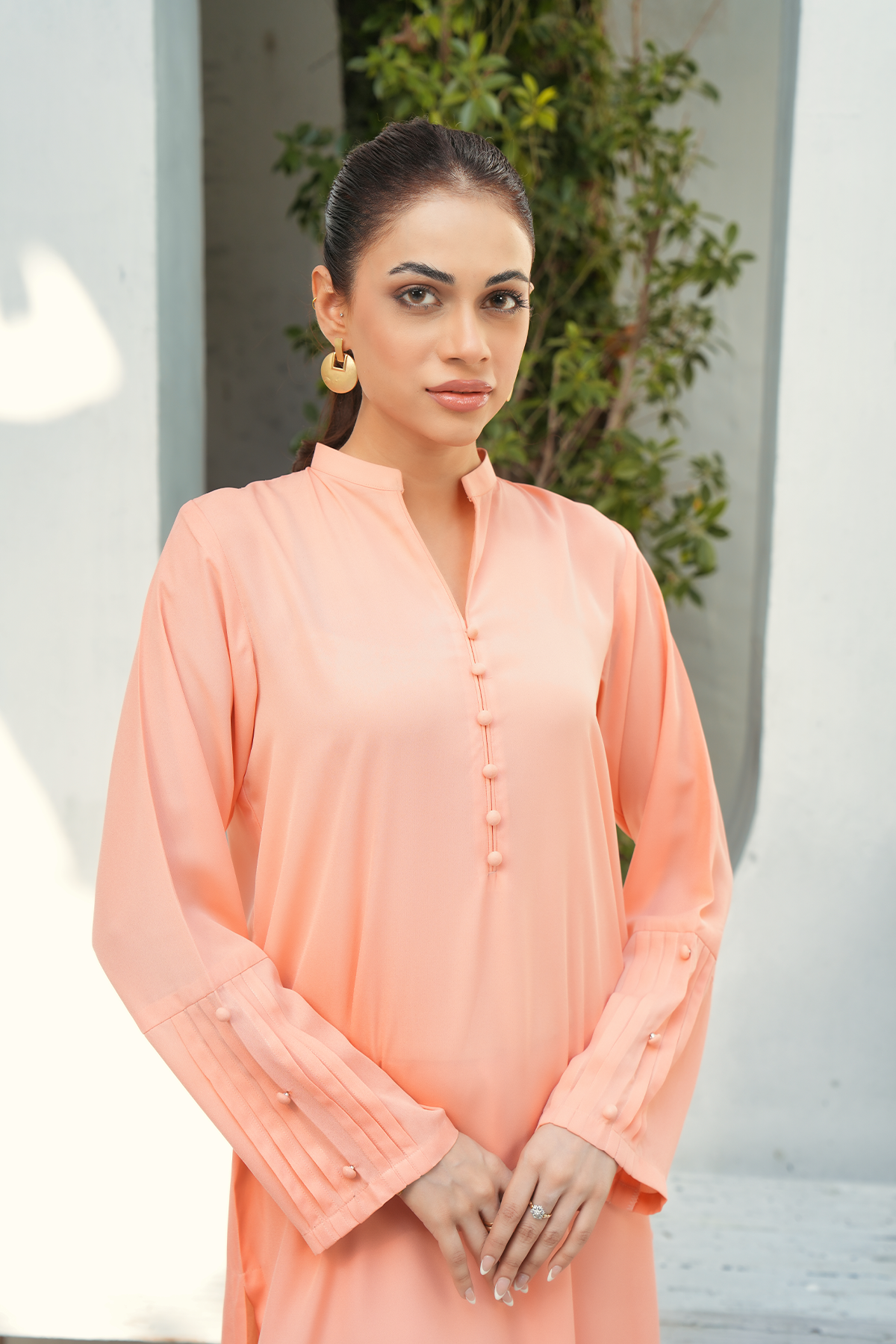 Peach Solid 2-Piece Shirt & Trouser Set