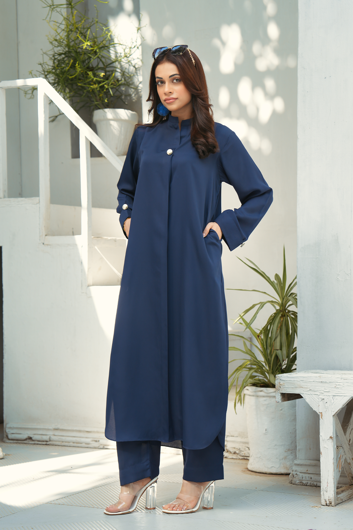 Blue Solid 2-Piece Shirt & Trouser Set