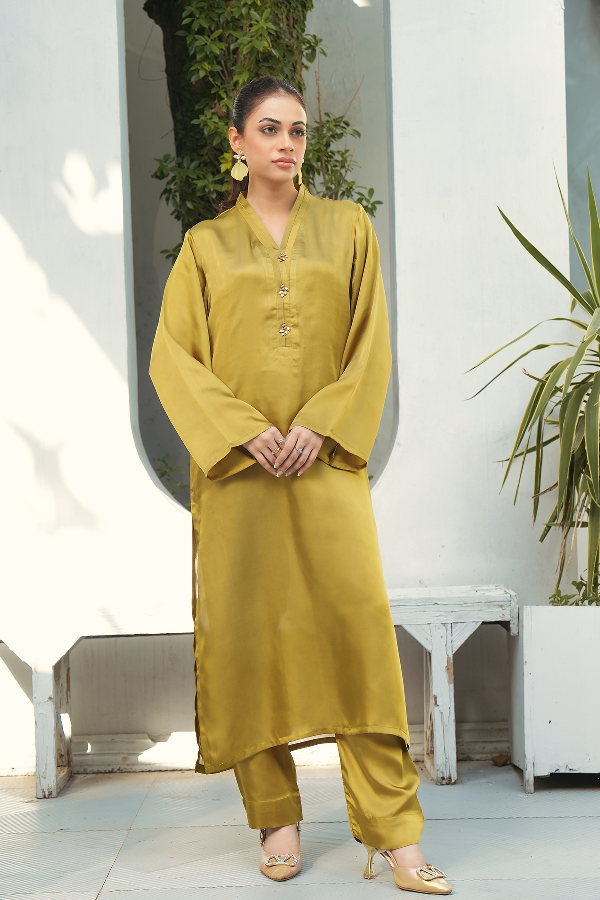Olive Solid 2-Piece Shirt & Trouser Set