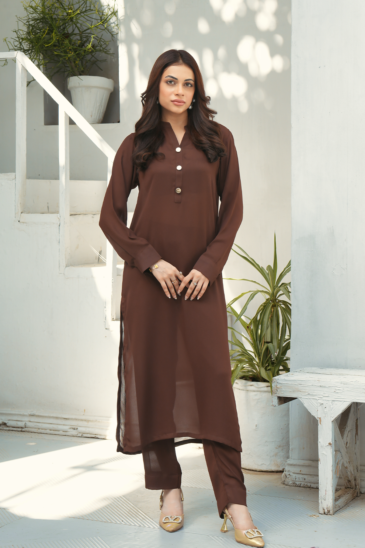 Chocolate Brown Solid 2-Piece Shirt & Trouser Set