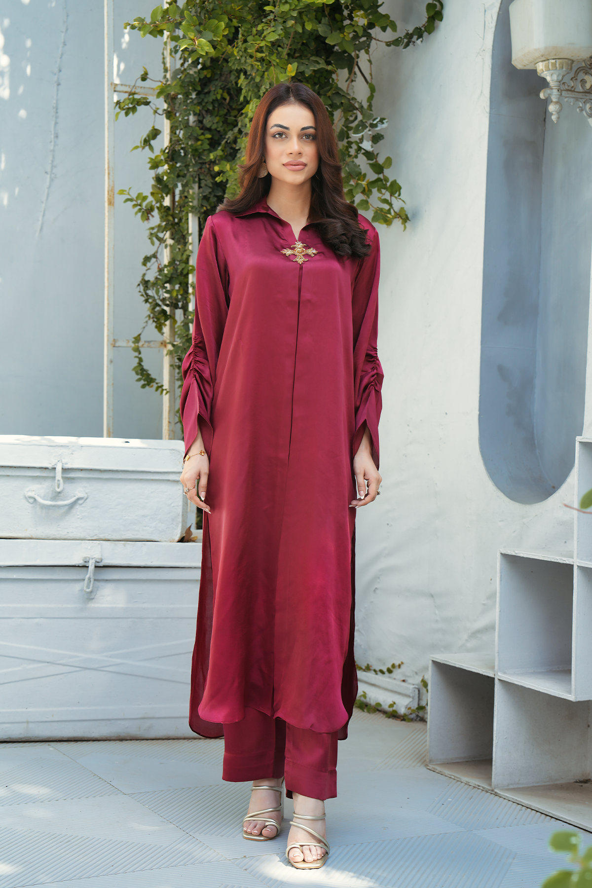 Velora Maroon Solid 2-Piece Shirt & Trouser Set