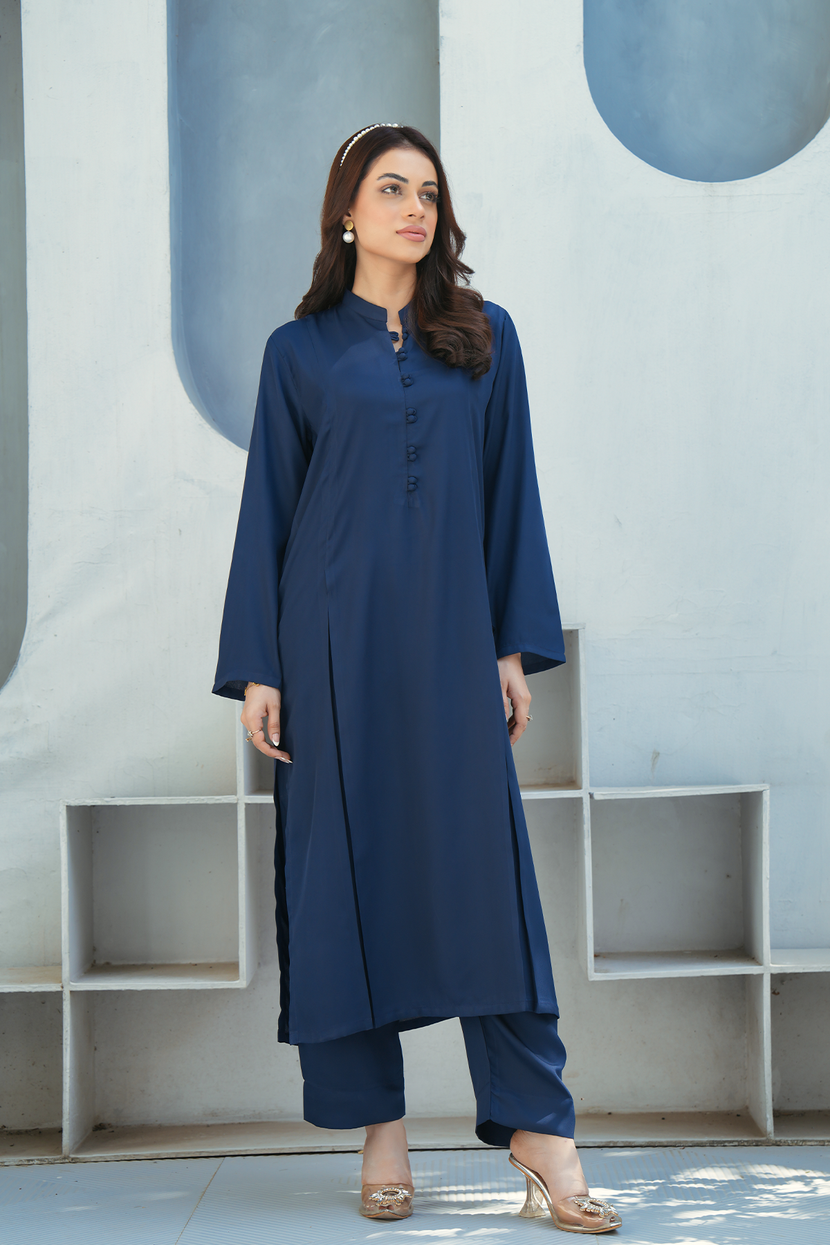 Navy Skim Solid 2-Piece Shirt & Trouser Set